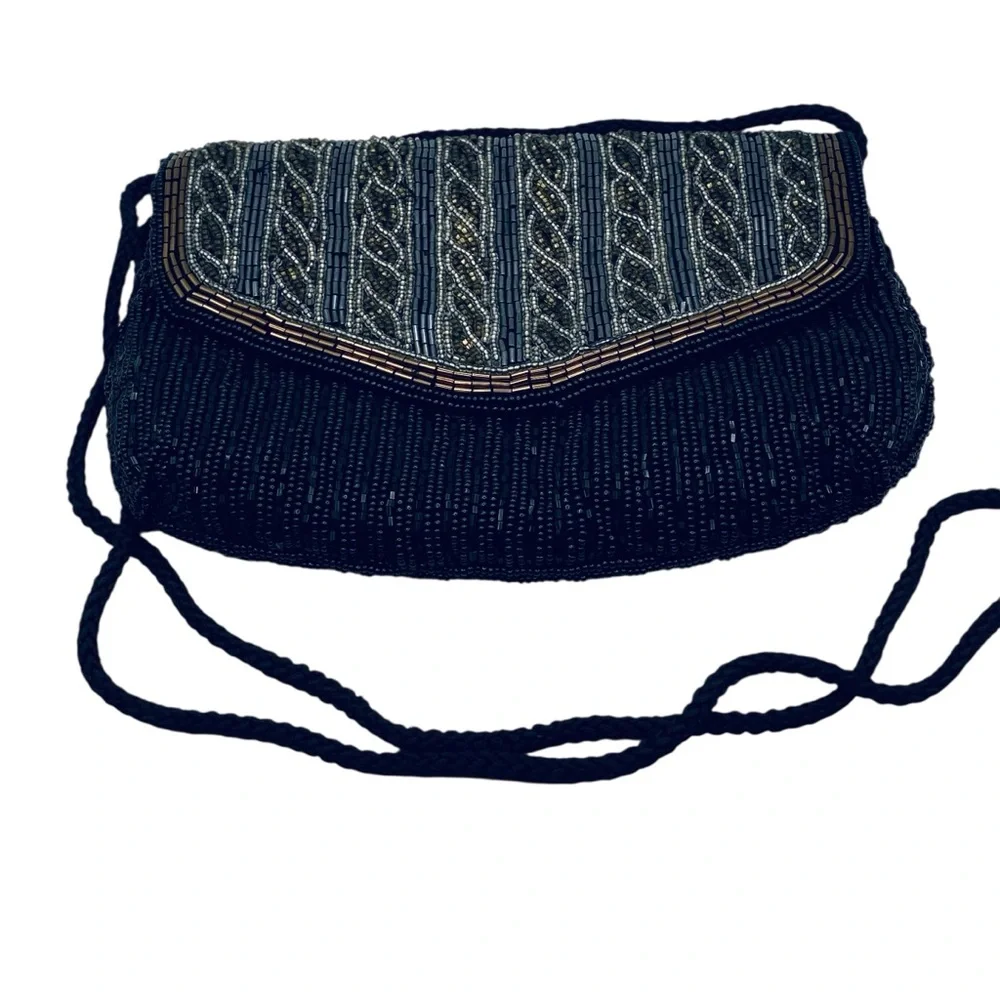 Vintage Carla Marchi Vintage Handmade Black Beaded Purse w Shoulder Cord - Picture 2 of 10